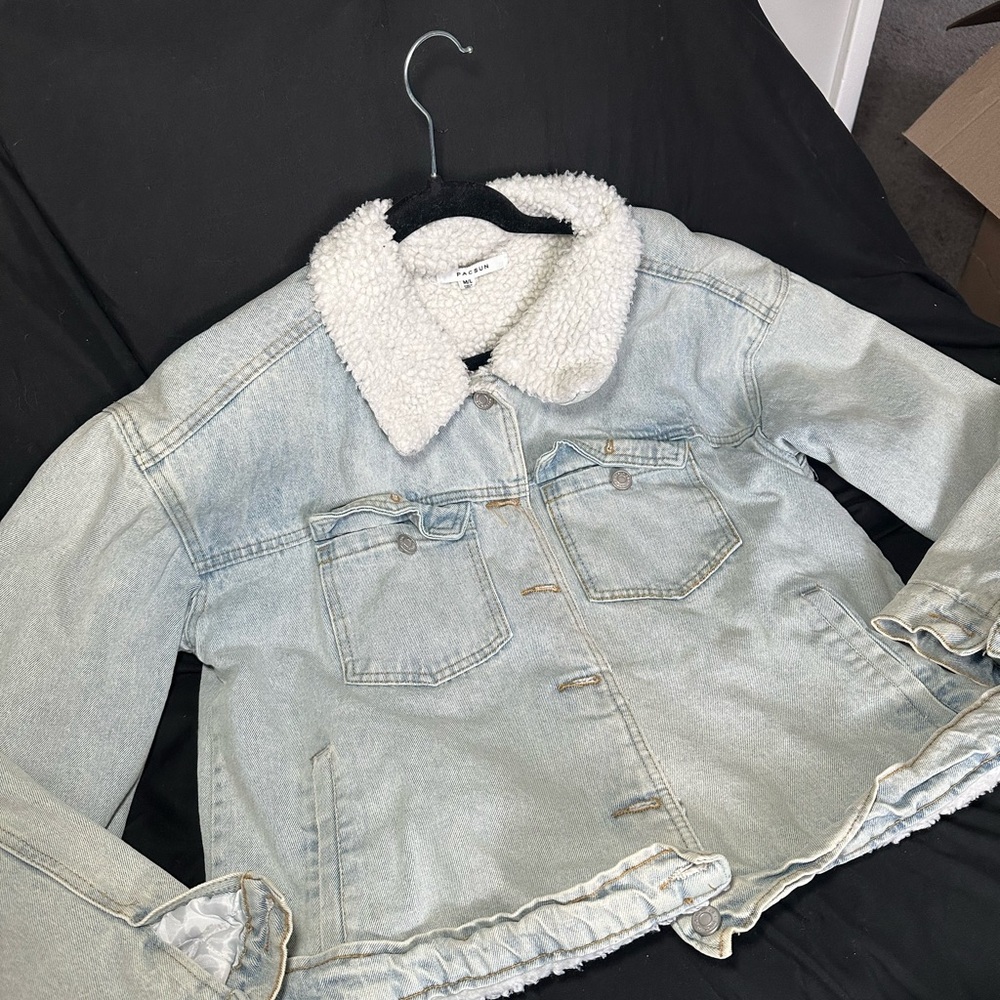 PacSun Blue Jean Jacket with White Sherpa Collar